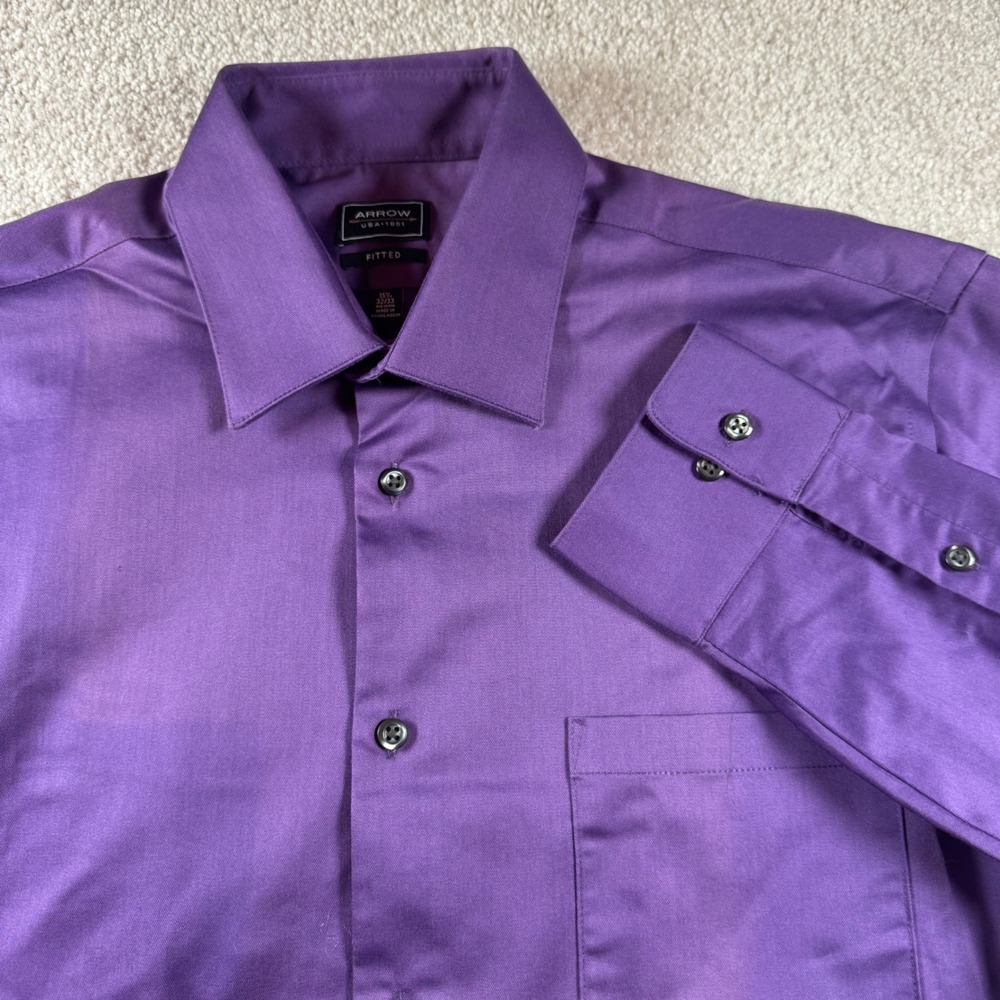 Arrow USA 1851 Mens Fitted Dress Shirt Purple No Iron Stretch 15.5 32/33 L/S